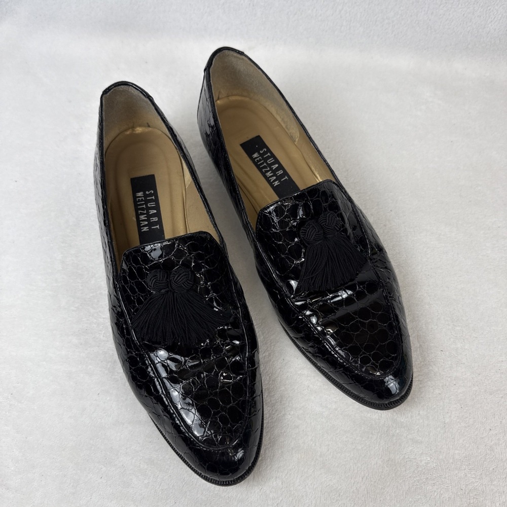 Stuart Weitzman Womans 10 M Embossed Croc Dress Shoes Tassle Black Leather VTG